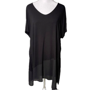 Chico’s V-Neck Short Cap Sleeve Sheer Chiffon Asymmetric Hem Tunic Black XL